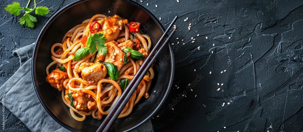 Poster Top view of a bowl with udon noodles and chicken on a dark stone surface, with a copy space image.