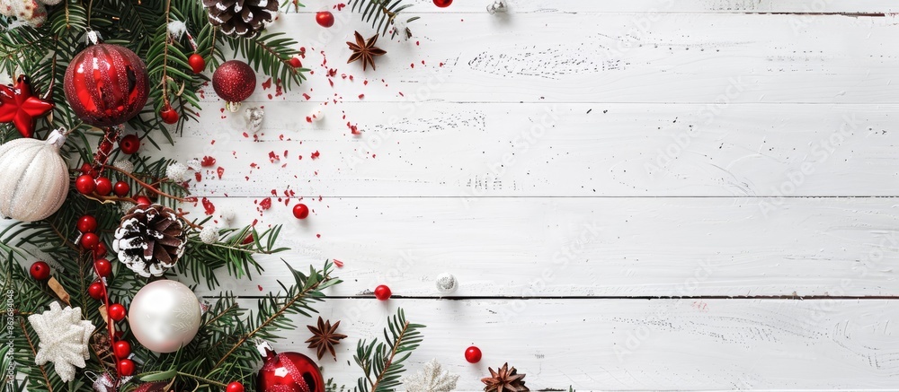 Poster Top-down view of a festive decoration arrangement on a white wooden backdrop with space for text or images. Copy space image. Place for adding text and design