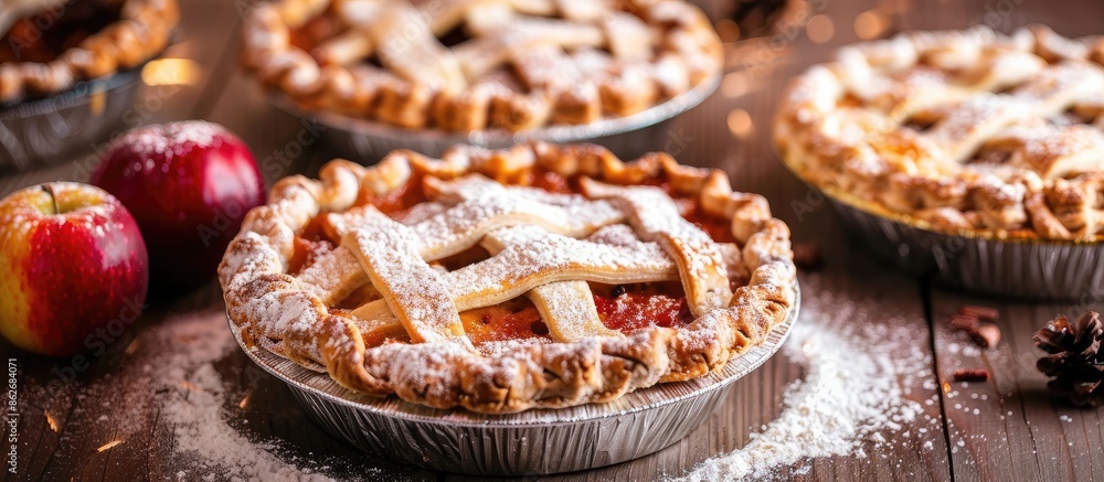 Poster close-up of homemade pies with flour, providing copy space for use as a background image.