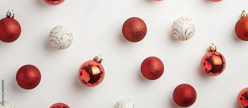 Poster close-up flat lay of christmas balls on a white background with copy space image.