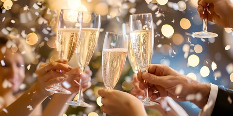 A group of people are celebrating with champagne glasses. The image conveys a festive and joyful mood, as the people are toasting and enjoying each other's company