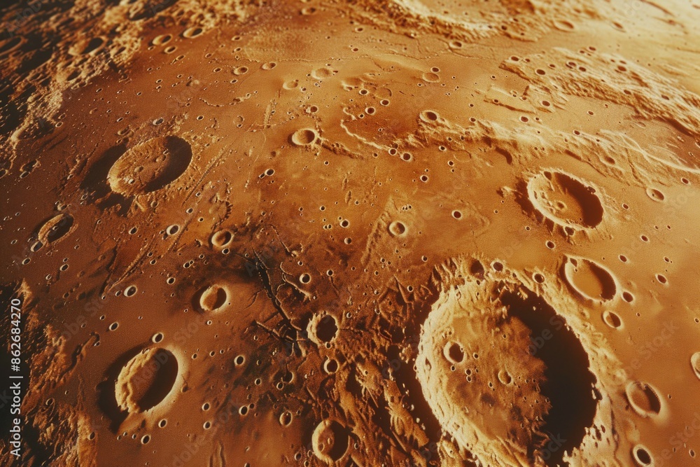 Poster a close up of a planet with many small holes in it. the planet is orange in color