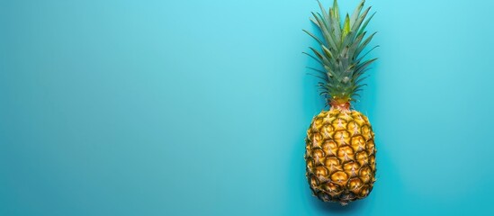 Top view of a whole pineapple against a vibrant blue backdrop with ample copy space.