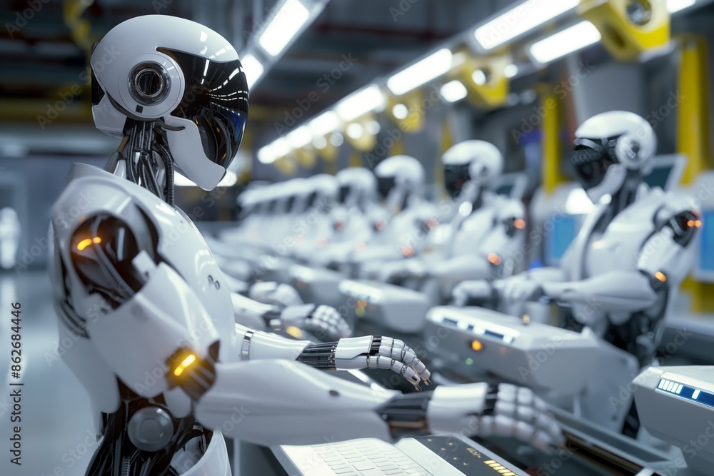 Poster robots working on an assembly line in a futuristic factory