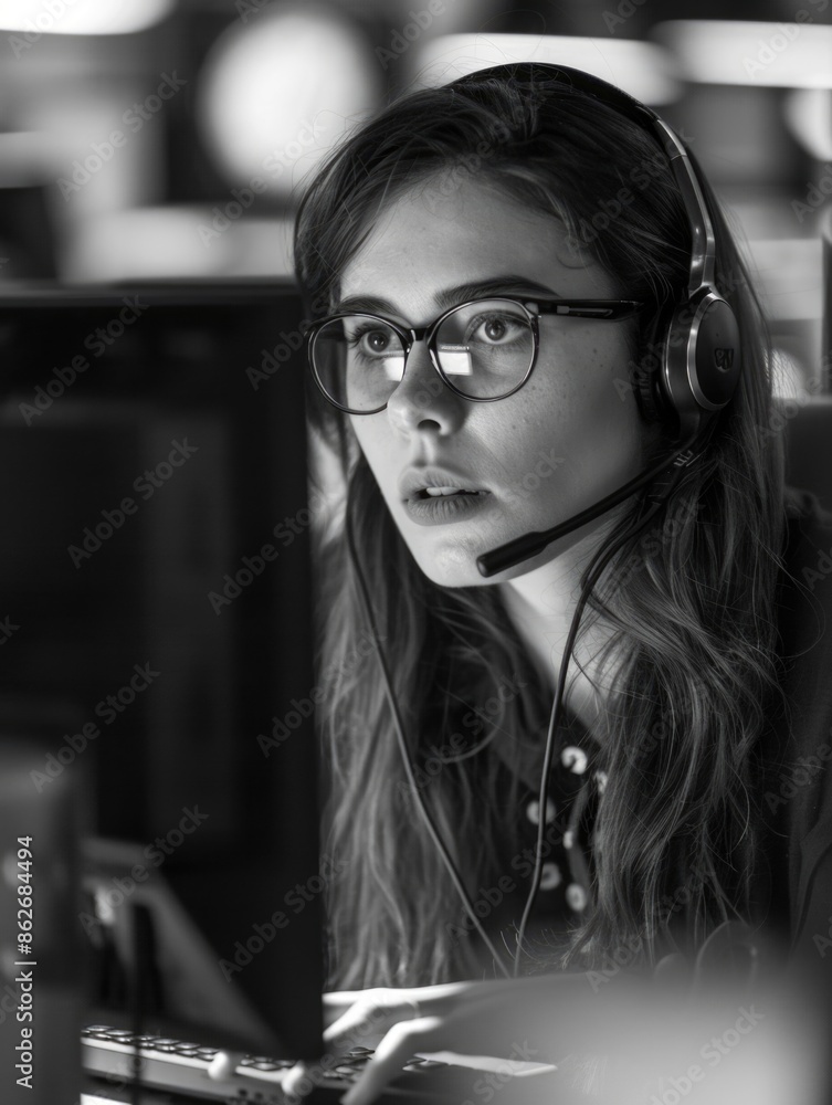 Poster a woman wearing a headset and glasses is sitting in front of a computer monitor. she is focused on h