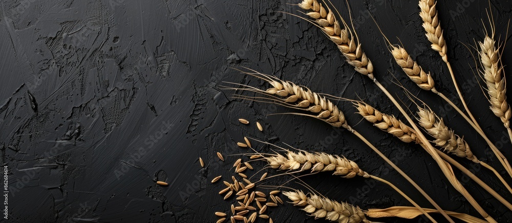 Poster Wheat ears on a black background with copy space image available.