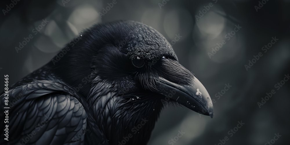 Poster a black crow is staring at the camera. the image has a dark and moody atmosphere. the crow's express