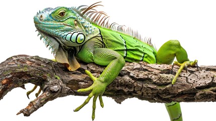 Obraz premium Vibrant green iguana on a branch, detailed and isolated, available , ideal for reptile care or pet store displays