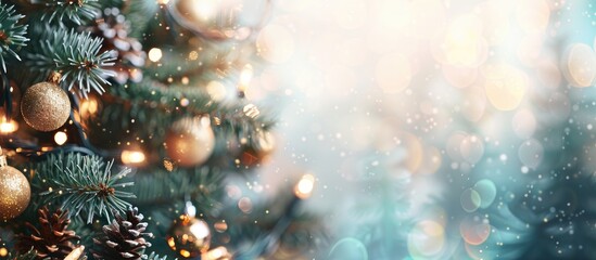 Festive Christmas background with blurry New Year vibes, showcasing a decorated Christmas tree in focus, providing ample space for adding text to the image.