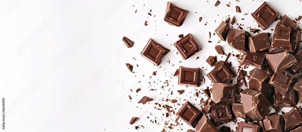 Poster white background adorned with delectable chocolate chunks, allowing for a design in the copy space i
