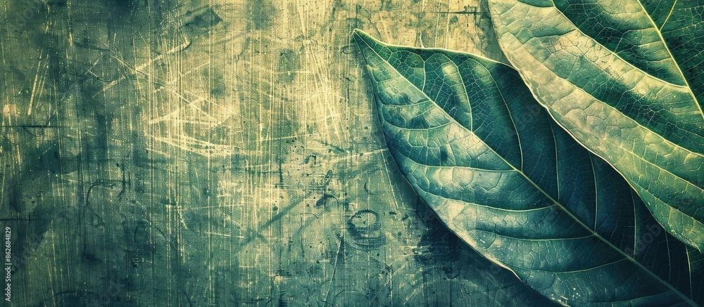 Poster vintage-toned abstract striped texture on a large green leaf with a rustic natural background, ideal