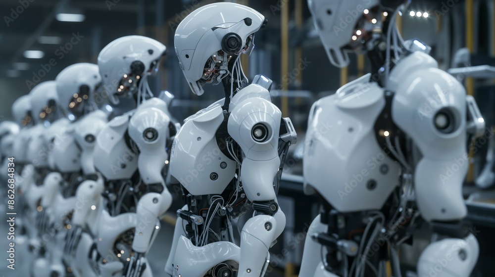 Poster row of humanoid robots in a high-tech factory