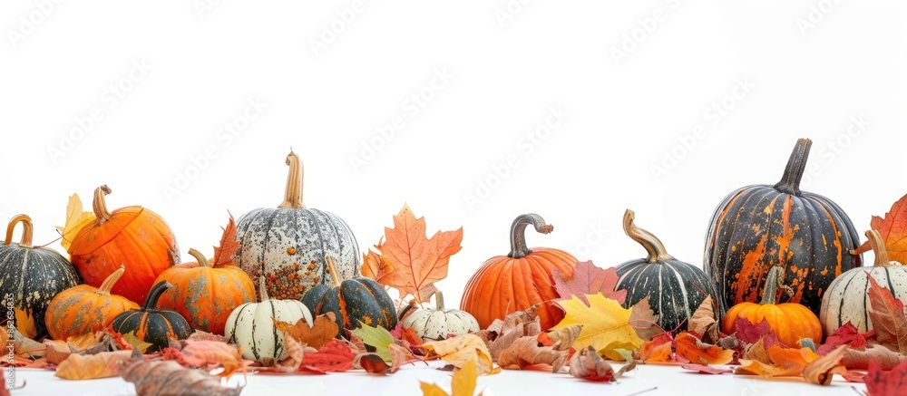 Aufkleber various pumpkins displayed on a bed of fallen leaves, set against a white backdrop with copy space i
