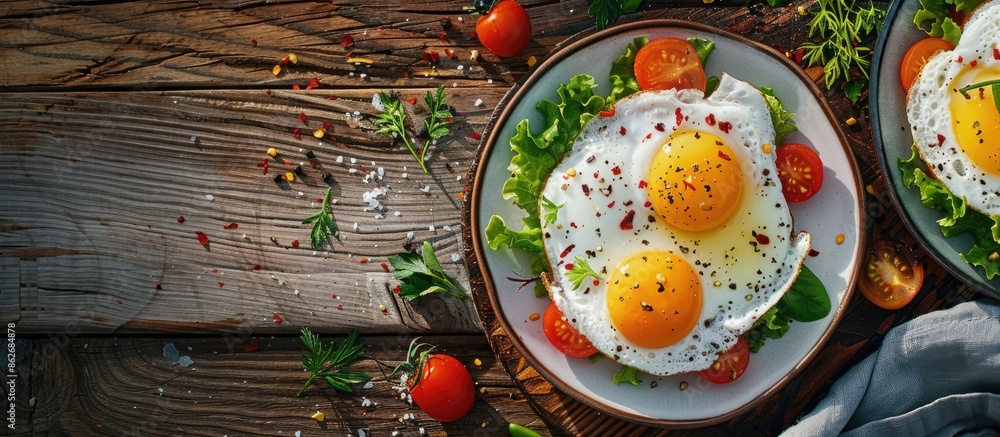 Aufkleber delicious fried eggs with veggies on a wooden table, top view with copy space image.