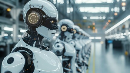 Fototapeta premium Futuristic humanoid robots in a production line