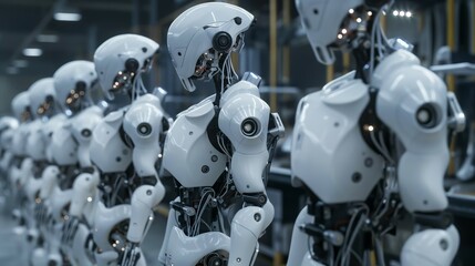 Fototapeta premium Row of humanoid robots in a high-tech factory