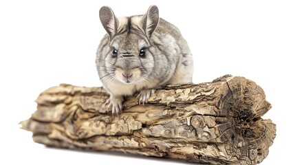 Chinchilla on a small log, fluffy and detailed, perfectly centered and isolated, provided  for exotic pet care or pet shop visuals