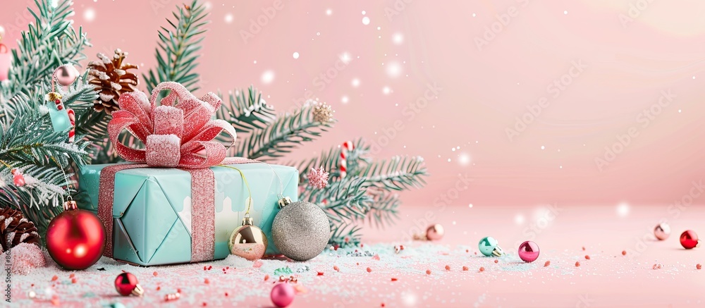 Poster colorful gift box and decorations displayed with a charming object on a pastel backdrop, perfect for