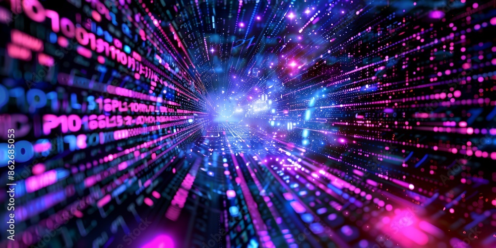 Poster a computer generated image of a purple and blue light with a lot of numbers