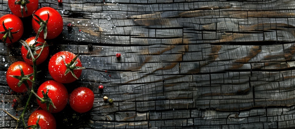 Poster cherry tomatoes on a rustic wooden background with white and black backdrop, providing copy space im