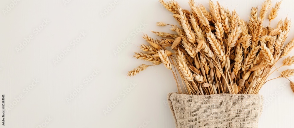 Poster Top view of a bunch of oat ears arranged in an eco-friendly bag on a white background, with space for image insertion. Copy space image. Place for adding text and design
