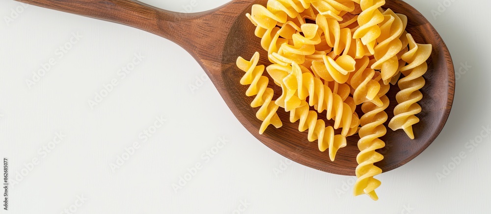 Poster Uncooked pasta displayed on a wooden spoon against a white backdrop with an empty space for images. Copy space image. Place for adding text and design