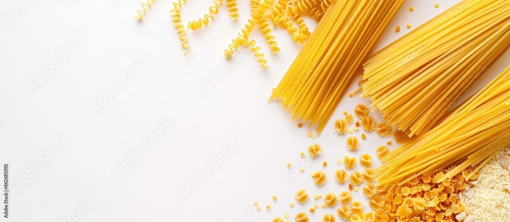 Poster Top view of pasta spaghetti ingredients on white background with copy space image available for text, featuring selective focus.