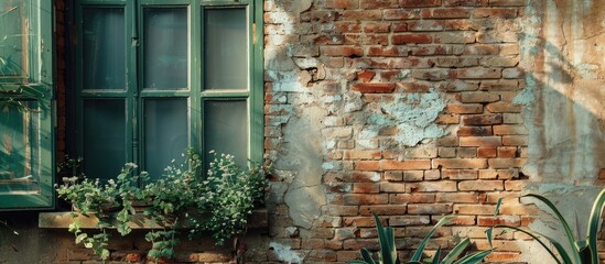 A brick wall in a rustic setting with copy space image.
