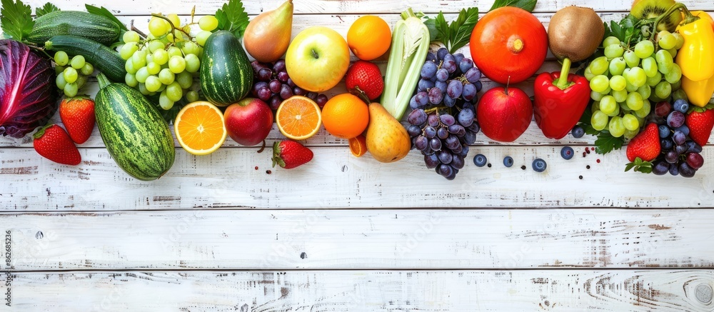 Poster Fresh fruits and vegetables displayed on a white wooden surface with ample copy space image for your text.
