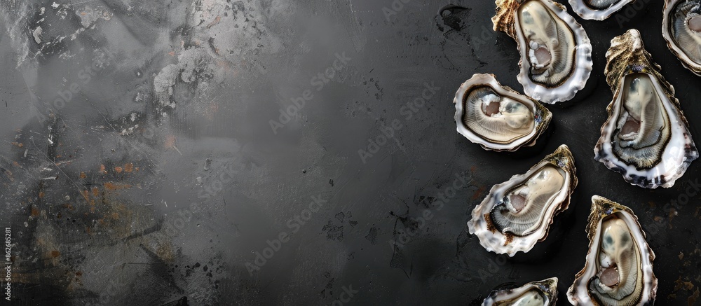 Poster top view of fresh oysters on a black background with free copy space image.