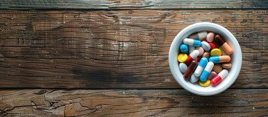 Naklejka premium Pharmaceutical pills and capsules placed in a white dish on a wooden surface, with a health care theme, seen from above with copy space image.