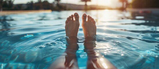 A woman dips her feet into the pool's water with copy space image.