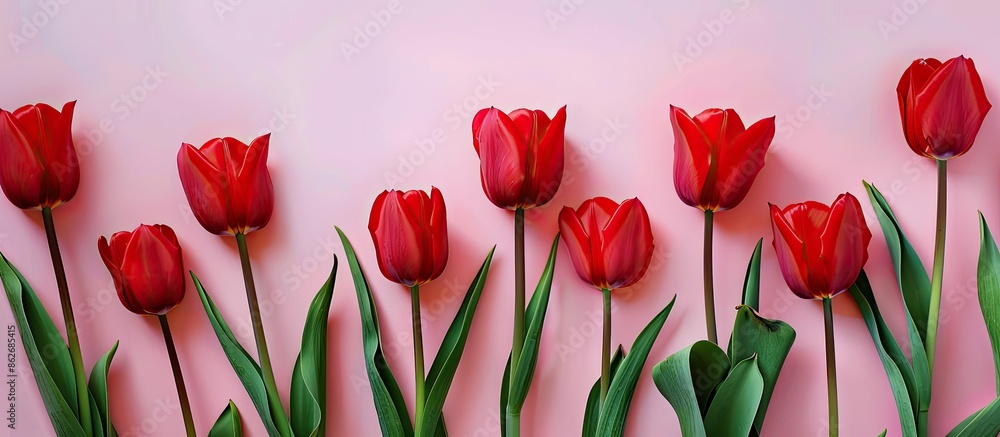 Aufkleber Top view of red tulips on a pink surface with space for text or other images. Copy space image. Place for adding text and design