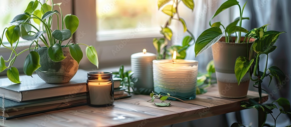 Poster table adorned with green houseplants, aromatic candles, and books on it with a light background for 