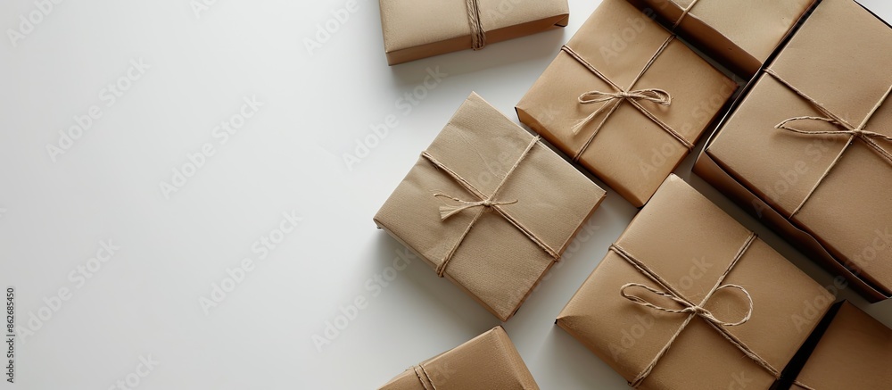 Poster Box of brown paper parcels prepared for shipment, isolated on a white background with visible copy space image.