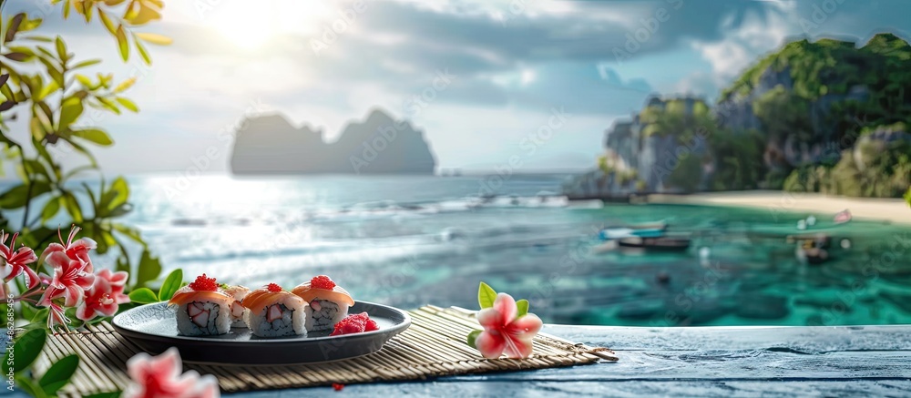 Poster chilled raw dorada sushi with a scenic ocean backdrop for copy space image.