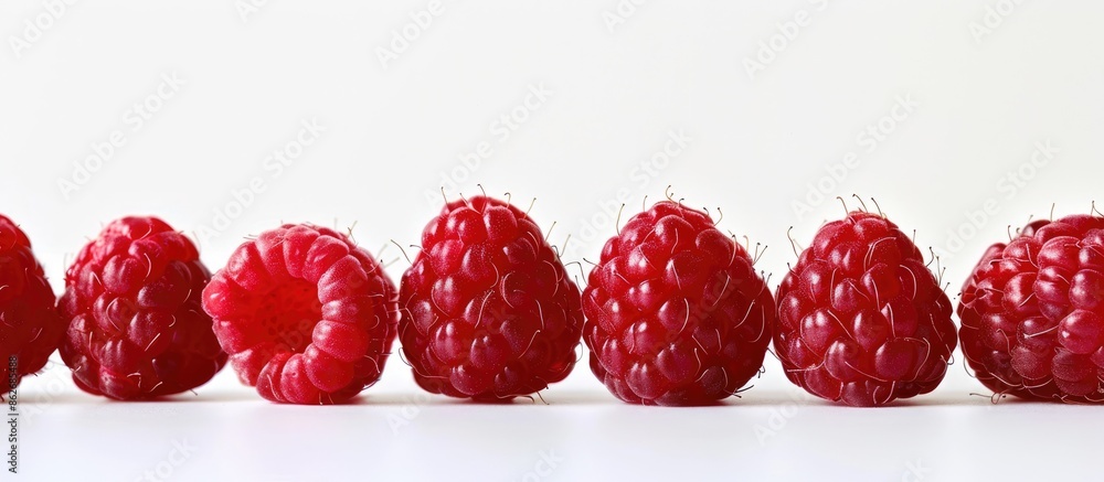 Poster a row of raspberries showcased on a white backdrop with copy space image.