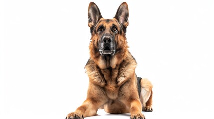 Loyal German shepherd in an alert pose, detailed and centered, isolated on white, perfect  for security dog training or breed education