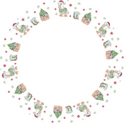 Cartoon duck chritmas wreath illustration on transparent background.