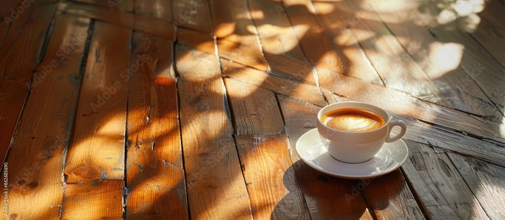 Poster a cup of coffee resting elegantly on a shiny parquet floor, creating a charming scene with copy spac