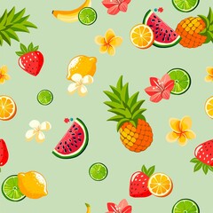 Summer vibe - seamless pattern of isolated cartoon illustrations on the theme of summer, vacation, exotic, tropics. Digital illustration for fabrics, wrapping paper, scrapbooking, backgrounds