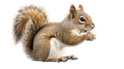 Playful squirrel with a nut, lively and detailed, symmetrically placed and isolated on white, offered  for wildlife care or educational projects