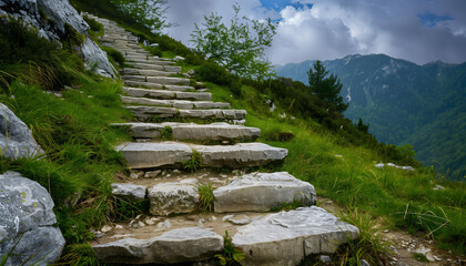 A stone slab staircase in a lush and mountainous area