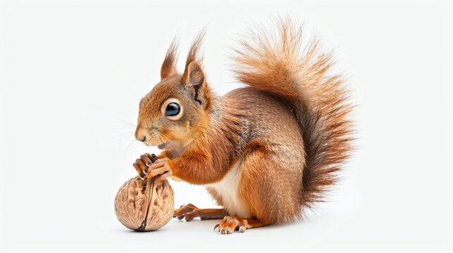 Playful squirrel with a nut, lively and detailed, symmetrically placed and isolated on white, offered  for wildlife care or educational projects