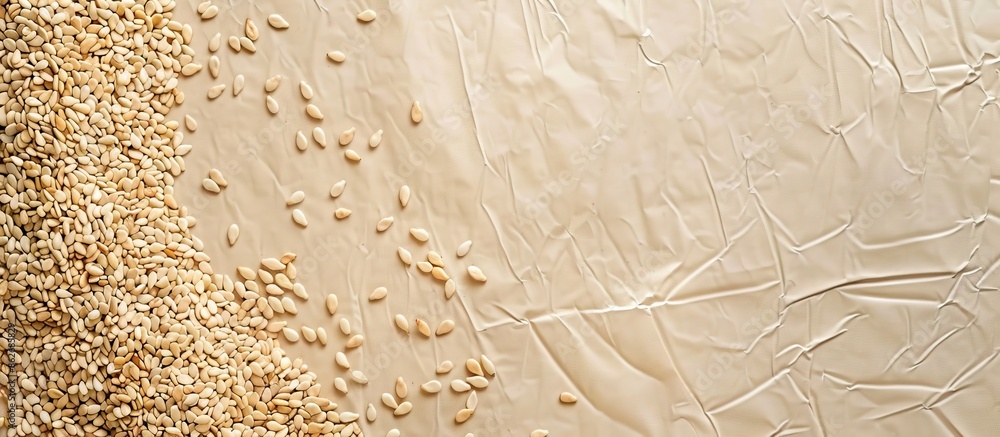 Aufkleber White wood background with sesame seed variations set on a creased canvas creating an artistic display with copy space image.