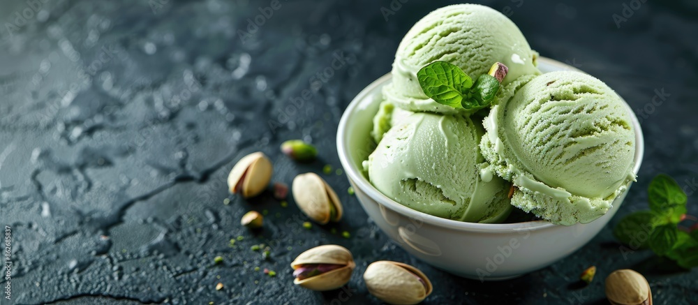 Poster Scrumptious pistachio ice cream on a dark table with copy space image.