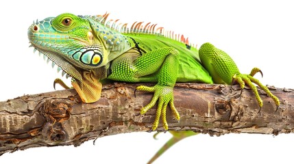 Fototapeta premium Vibrant green iguana on a branch, detailed and isolated, available , ideal for reptile care or pet store displays