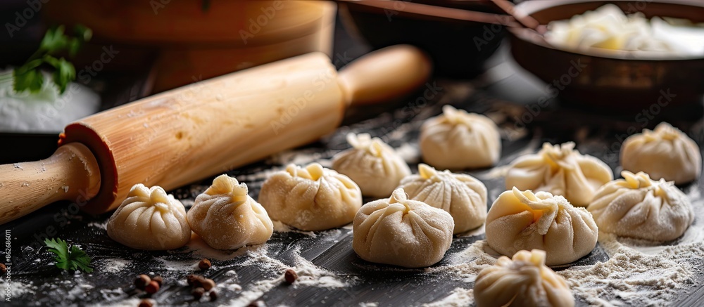 Poster Raw dumplings being prepared with a rolling pin, meat, and a dark background for a cooking scene with copy space image integration.
