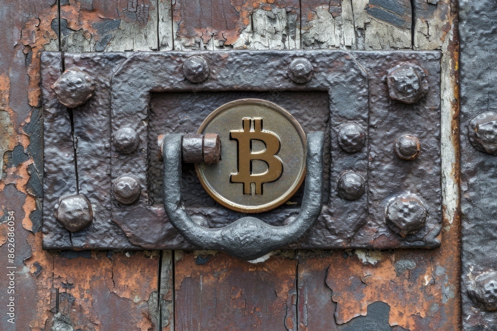Poster a rusty lock with a gold coin that says b on it. the coin is a symbol for bitcoin
