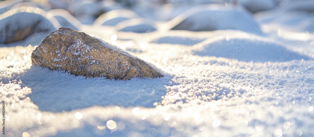 Aufkleber snow-covered ground in winter with a sparkling texture under sunlight, highlighted by a lone rock in